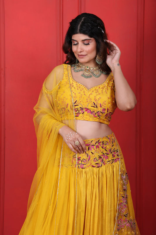 Hand Embroidered Sunflower Yellow Lehenga Set With Net Dupatta