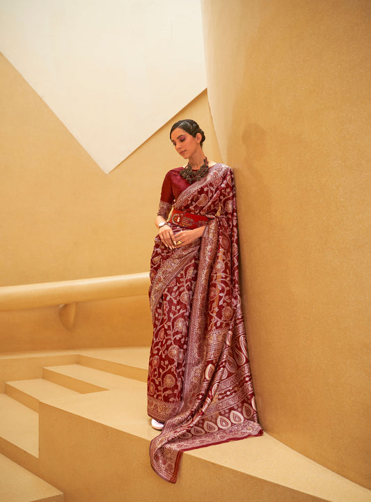 Maroon Kitasha Lucknowi Chikankari Saree