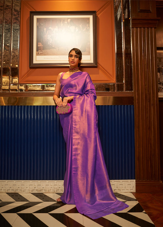 Violet Kumbal Silk Nylon Satin Zari woven saree