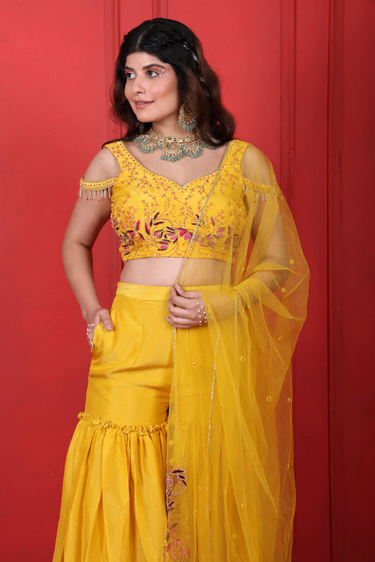 Heavy Hand Embroidered Sunflower Yellow Sharara Blouse & Dupatta Set