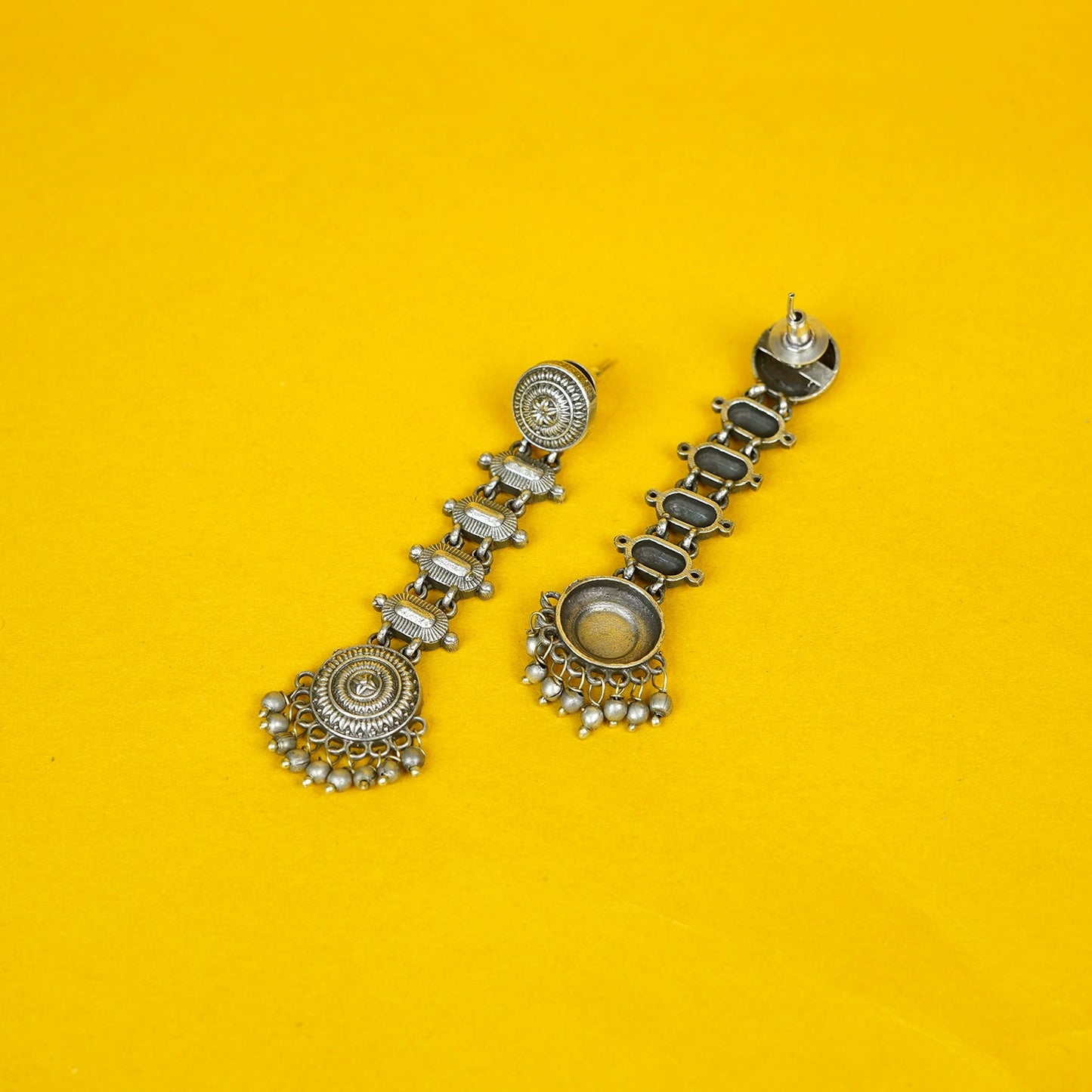 Zevar Club Oxidised Silver-Plated Circular and Rectangular Linked Statement Earrings with Bead Detailing