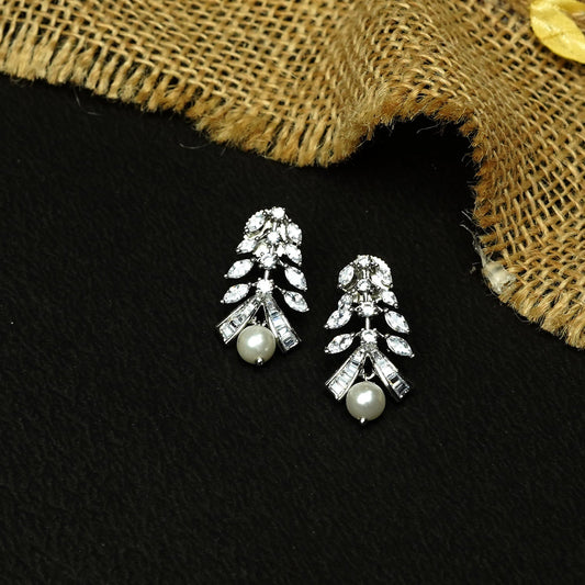 Zevar Club Rhodium-Plated Handcrafted Cubic Zirconia & Pearl Drop Earrings with Leaf Design