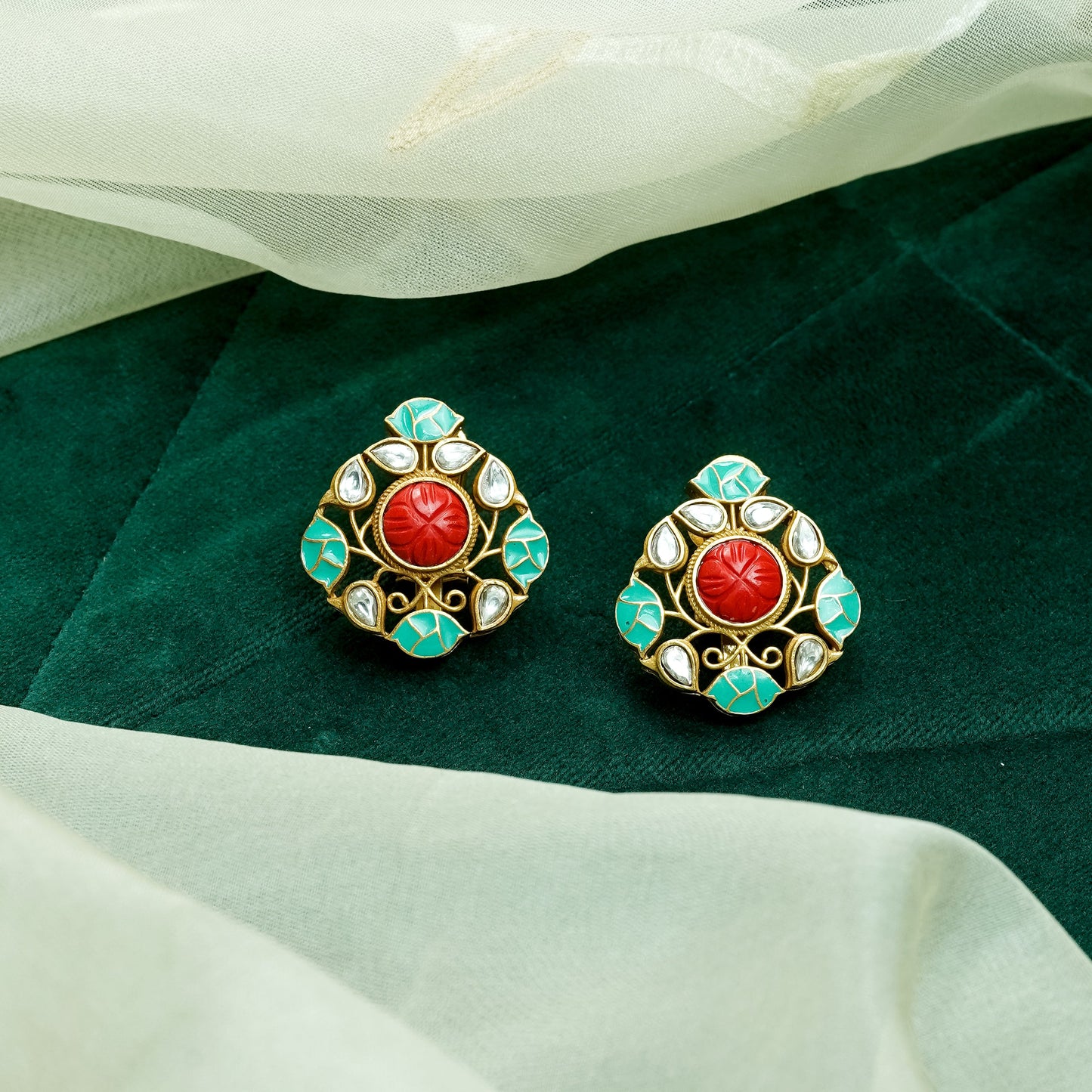 Turquoise Blue and Red Antique Gold Studs