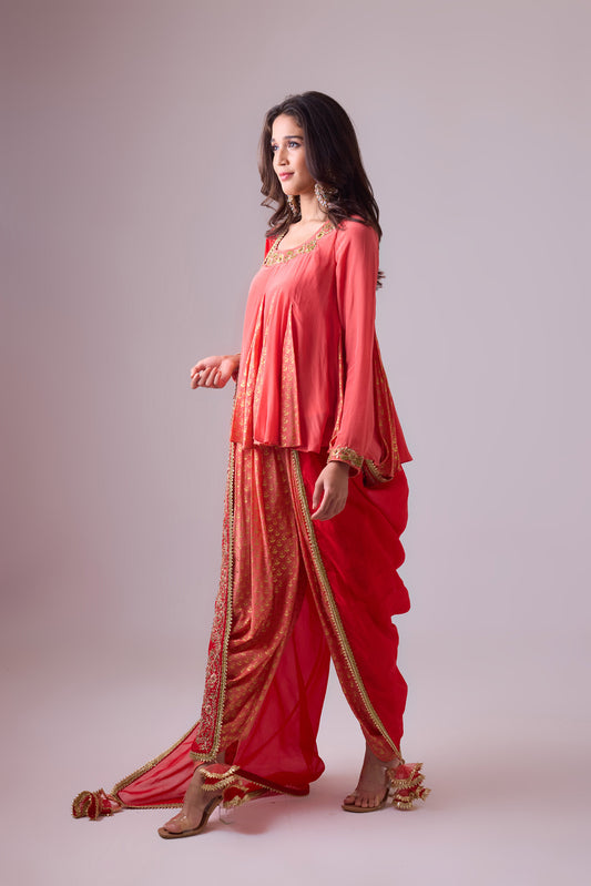 Rose Salmon Crepe godet top with pleated dhoti salwar pant and scarf