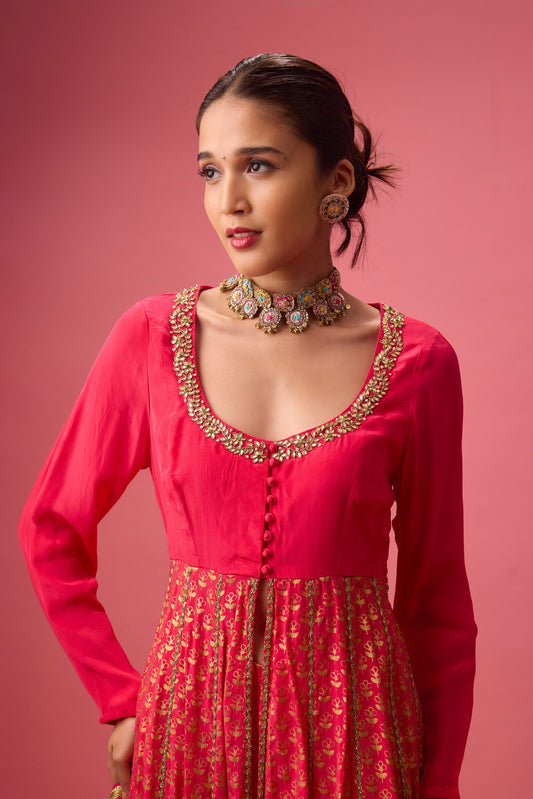 Rani pink kalidar kurta with flared pant and dupatta