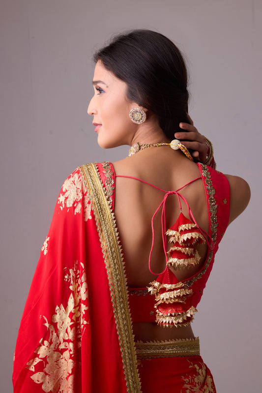 Georgette badal sitara gold foil printed saree with gota blouse