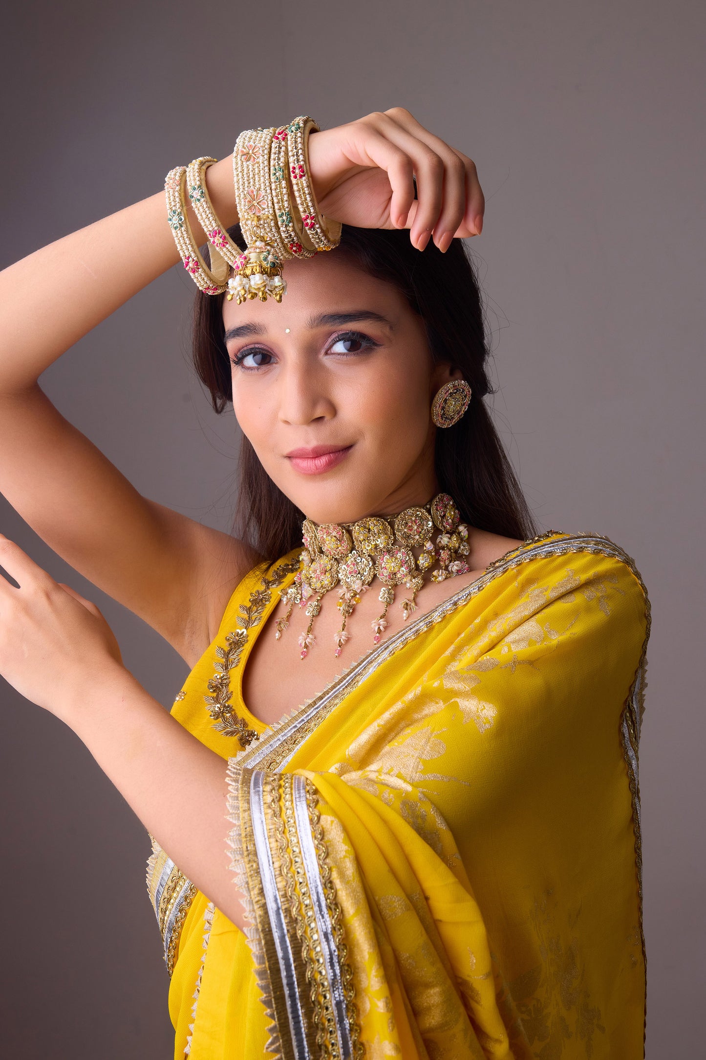 Georgette badal sitara gold foil printed saree with gota blouse