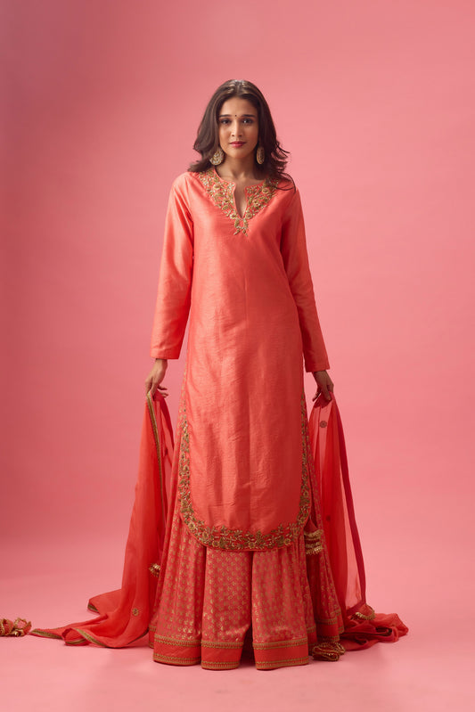 Rose Salmon Apple cut kurta with double layer organza paired with dupatta