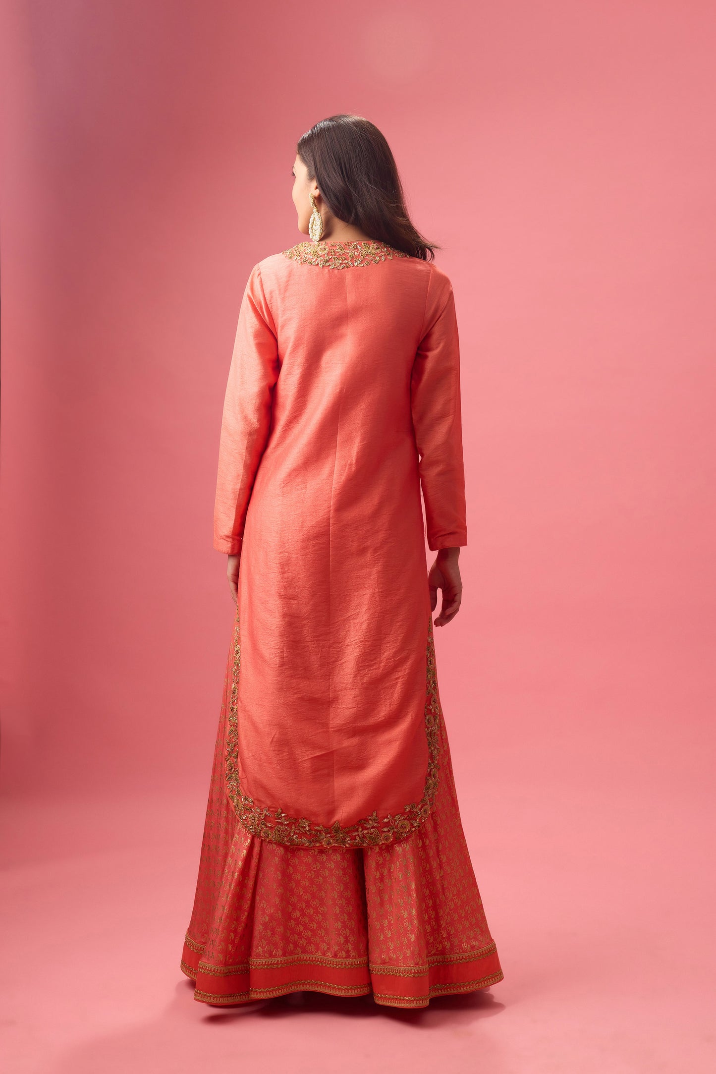 Rose Salmon Apple cut kurta with double layer organza paired with dupatta