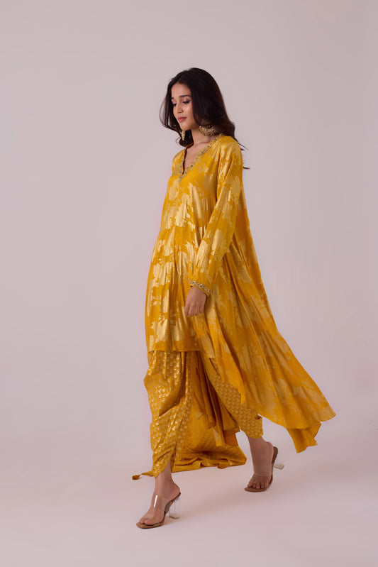 Haldi Phool Pure Silk Long asymmetrical foil printed kurta