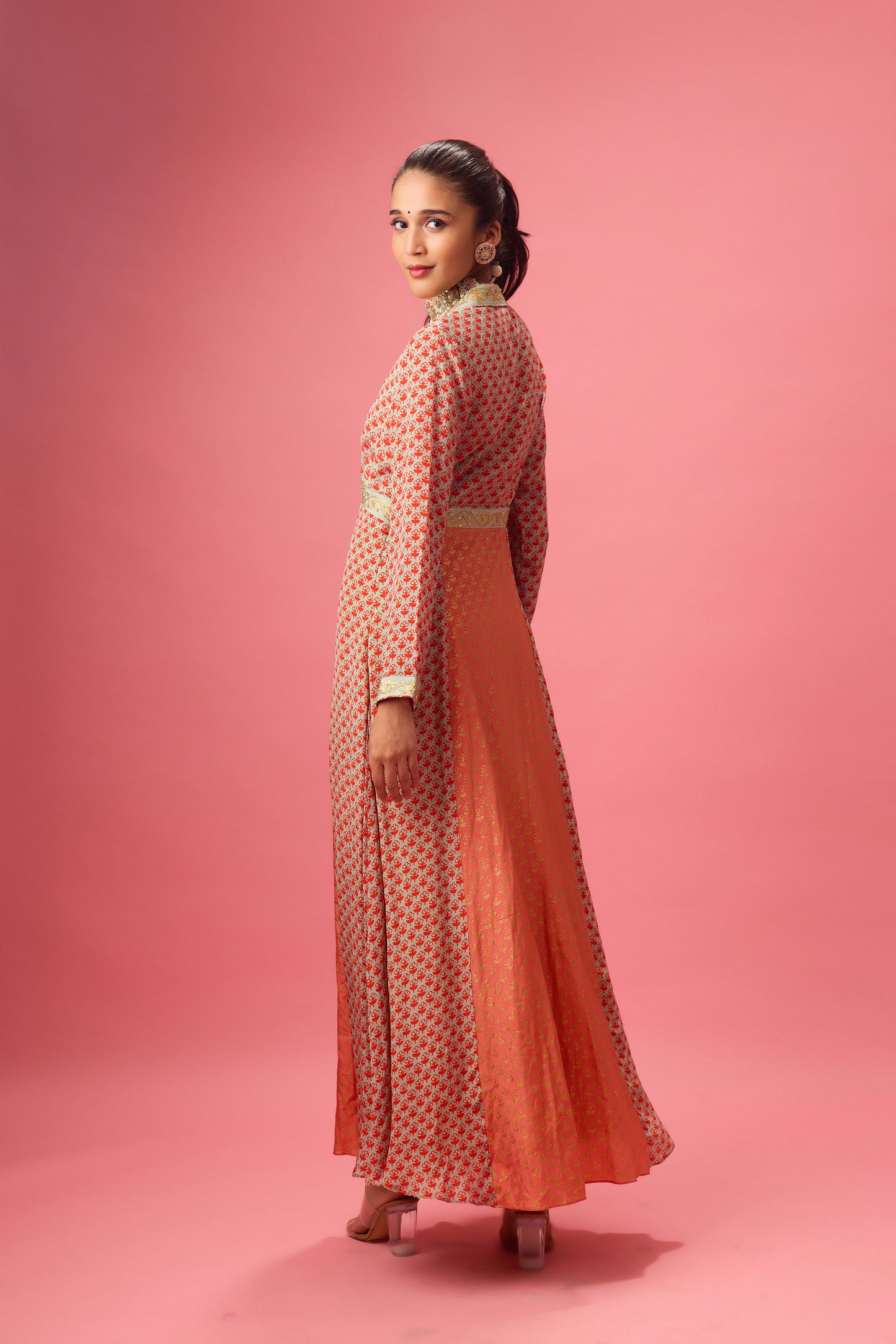 Coral Gajjiri Kalidar kurta with print and embroidery paired with churidar