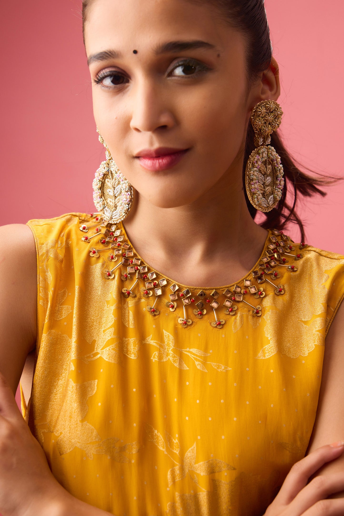 Ochre sharara set with foil printing paired with hand emb.Dupatta