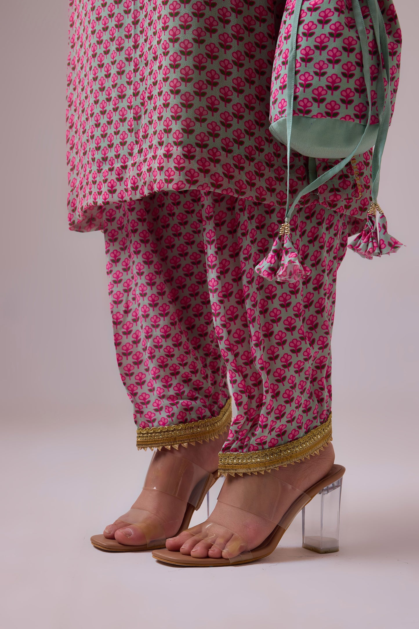 Pista Hand embroidered Georgette kurti and crepe salwar