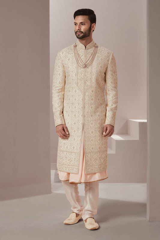 Light Gold Silk Sherwani in Symmetric Floral Motfis