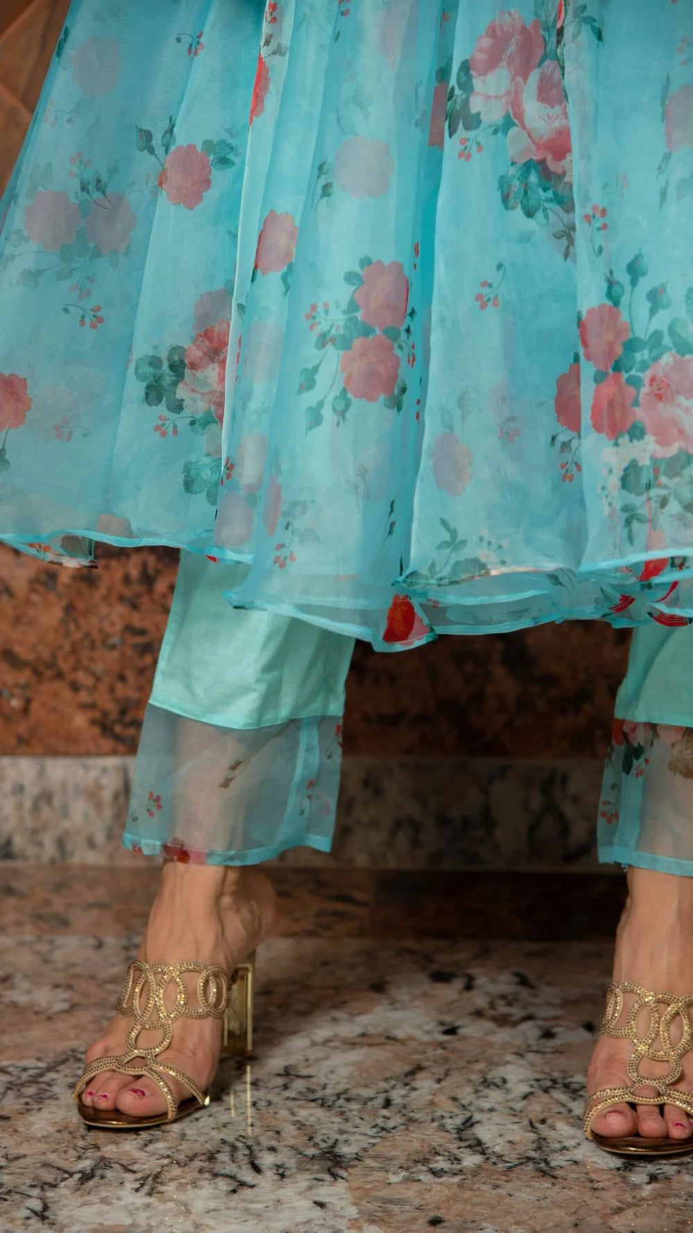 Ganguar Blue and Red Floral Organza Anarkali Set