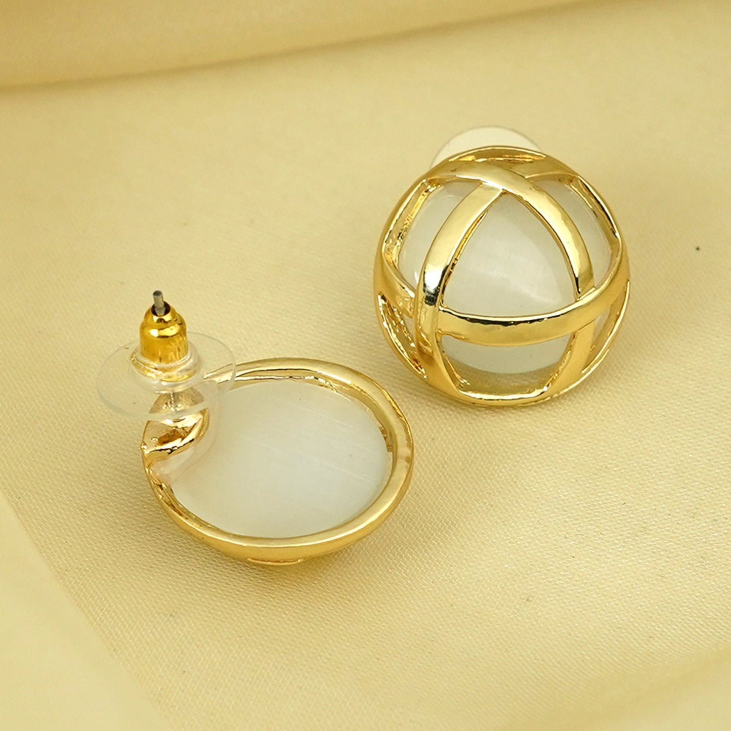 Zevar Club Gold Tone Dome-Shaped Criss-Cross Stud Earrings with White Pearl Accents for Women