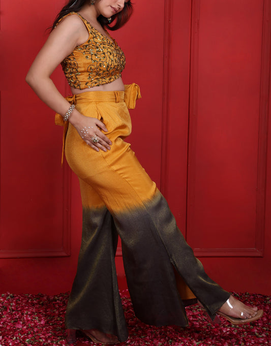 Goldenrod & Judge Grey Hand Embroidered Choli With Ombre Flared Pants & Bum Bag
