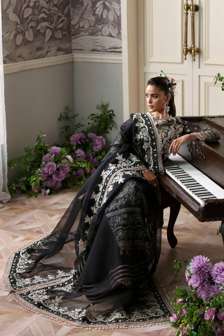 Nocturne - Black Organza Heavy Embroidered Dress