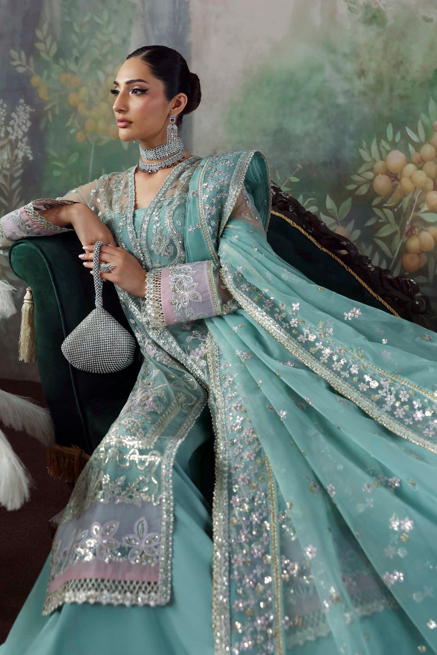 Shahnaz - Green Net Heavy Embroidered Wedding Salwar Kameez