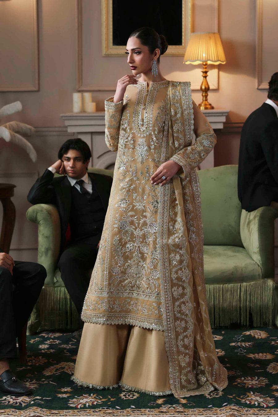 Tajmeen - Beige Organza Heavy Sequins Embroidered Wedding Kurta Set