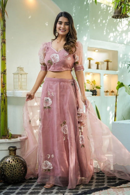Kashni Pastel Pink Organza Handpainted Sangeet Lehenga Set