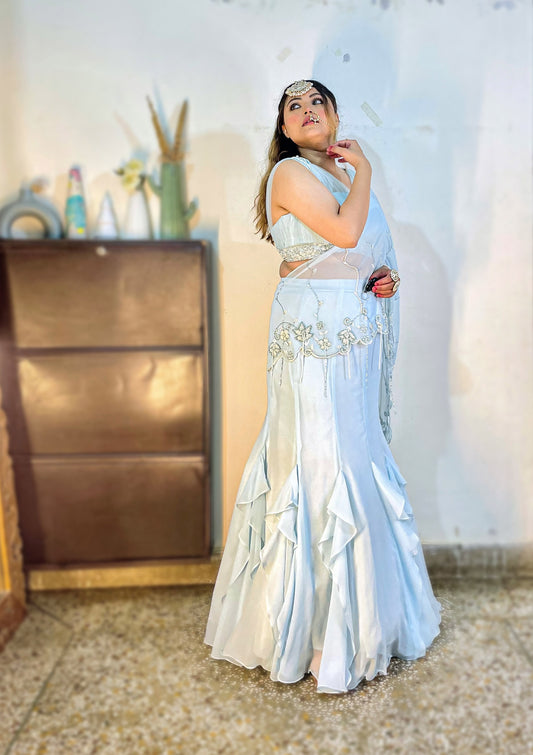 Ice Blue Georgette hand embroidered Cocktail Lehenga