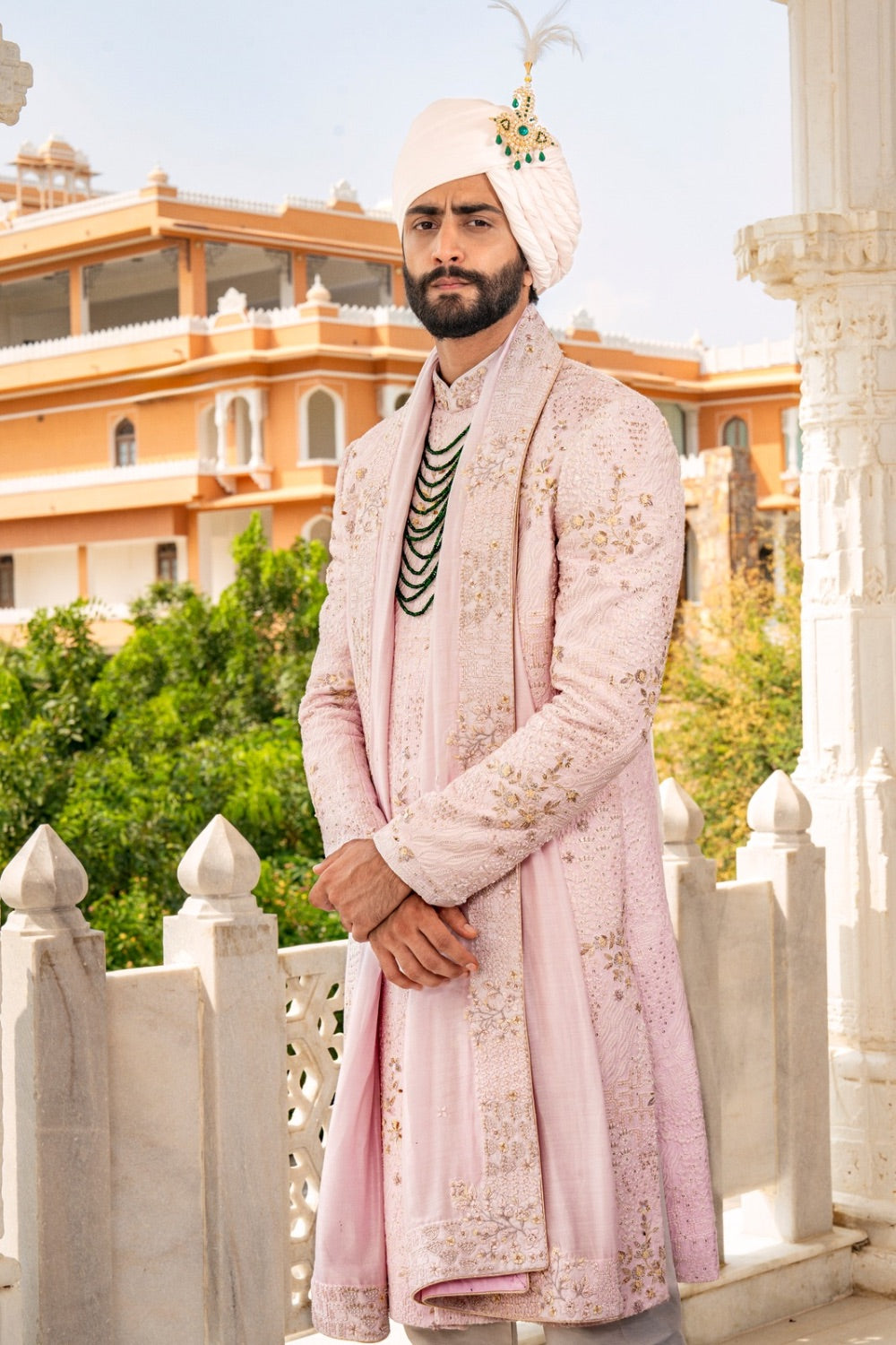 Light pink silk sherwani with sequins and pearl work