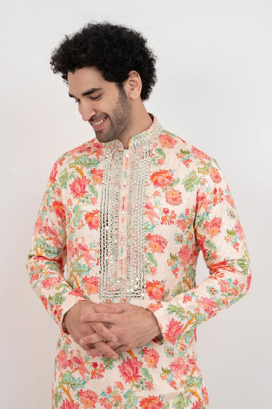 Multicolour resham embroidered satin linen kurta set with with kasab and mirror work
