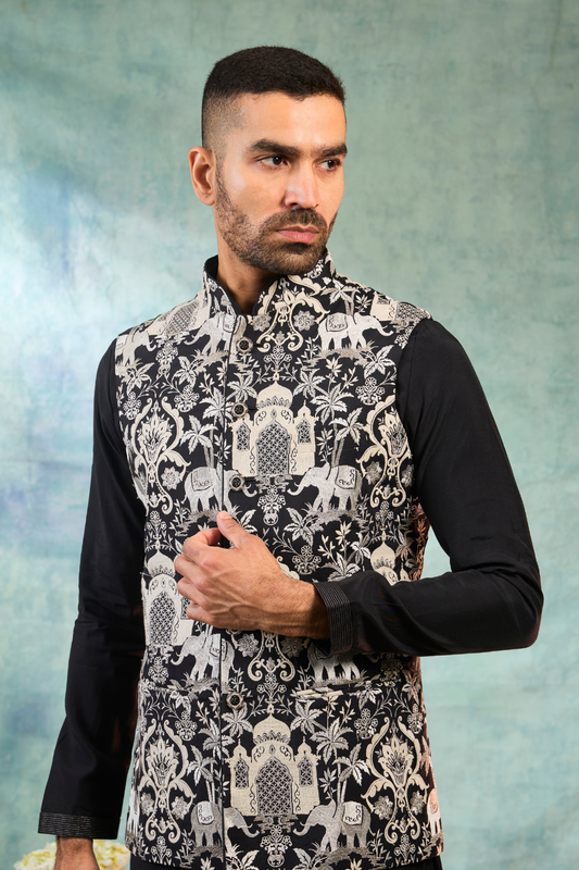 Black silk kurta set with white thread and animal work
