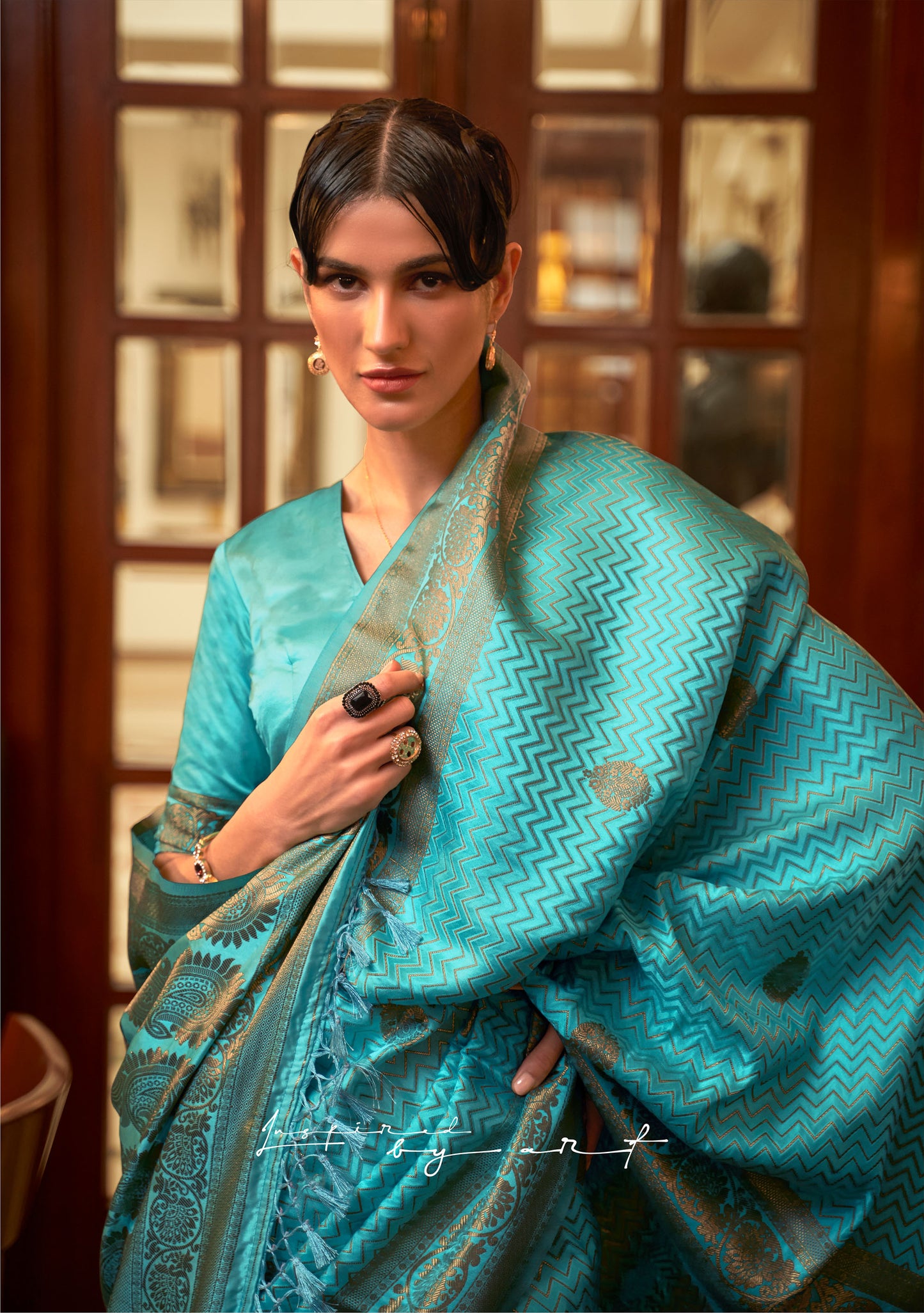 Blue Kazel Satin Silk Woven Saree