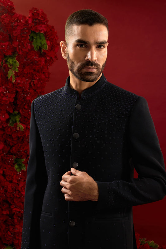 Black silk suit set with machine work