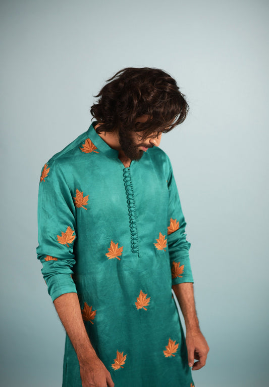 Green Linen Satin Machine Embroidered ( only Kurta )