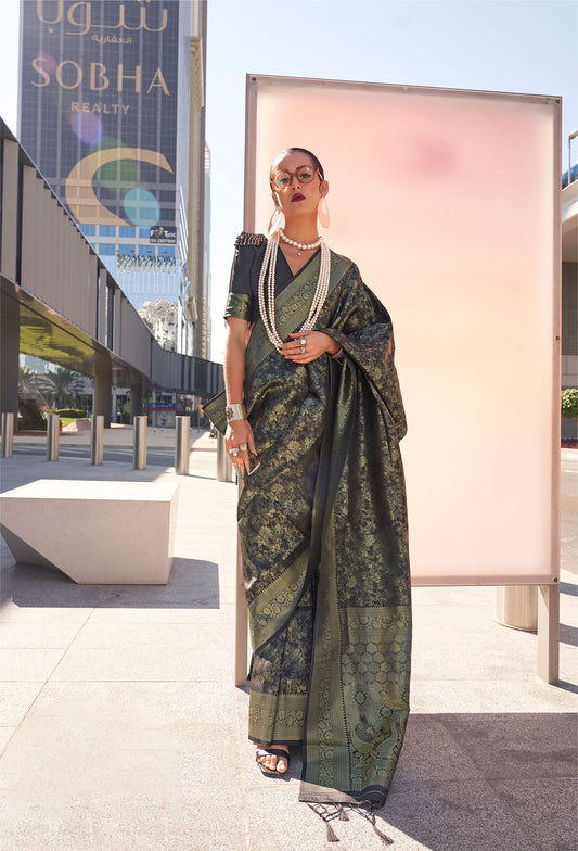 Olive Green Kzainaab Handloom Silk Saree