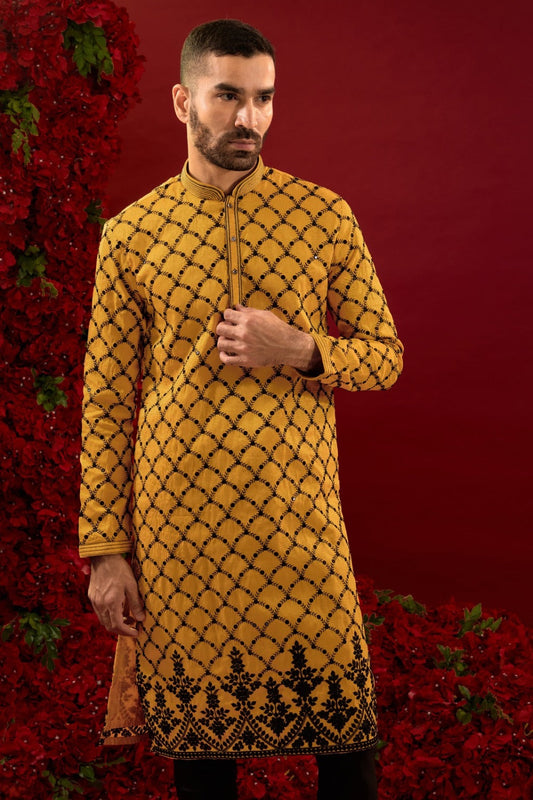 Yellow silk kurta with machine work
