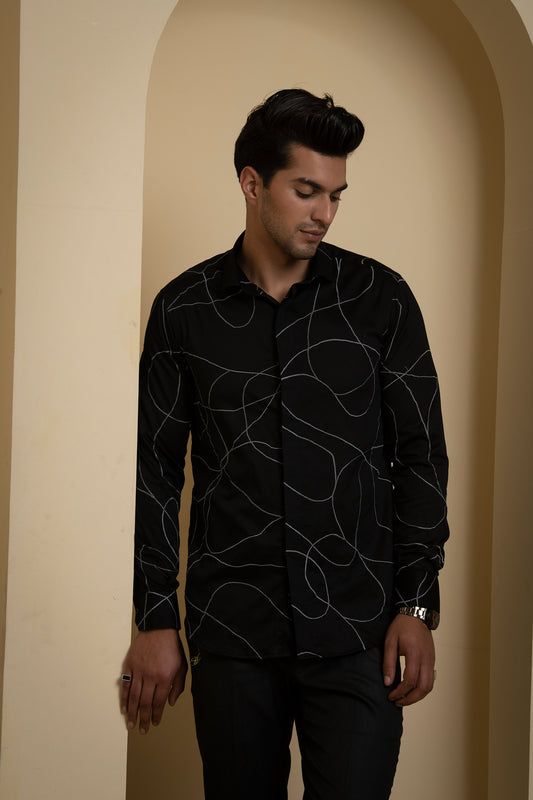 Black Giza Cotton Grayab Abstract Embroidered Party Wear Shirt