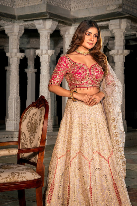 Pink & Cream geogette lehenga choli with sequin s and mirror work