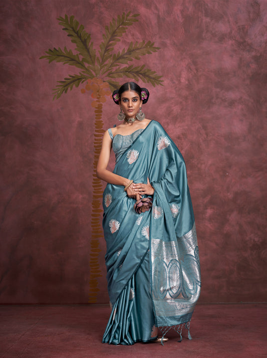 Teal Blue Kanthkala Satin Silk Handloom Banarasi Zari Weaving Saree