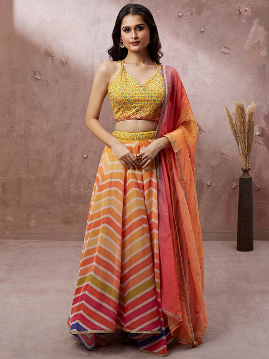 Yellow Organza Leheriya Printed Lehenga choli