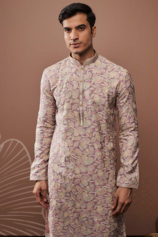 Lilac silk kurta and pajama with lavender hand and machine work
