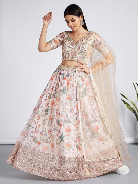 Cream colour Organza Floral design digital print Lehenga