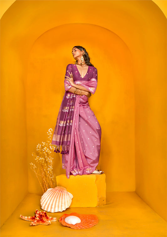Purple Krystal Lotus Tussar Handloom Saree