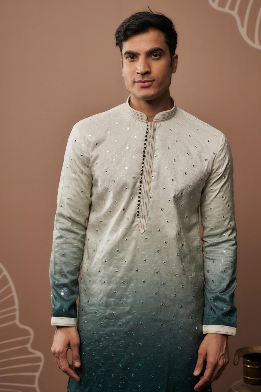 Blue shaded silk kurta and pajama with hand and machine work