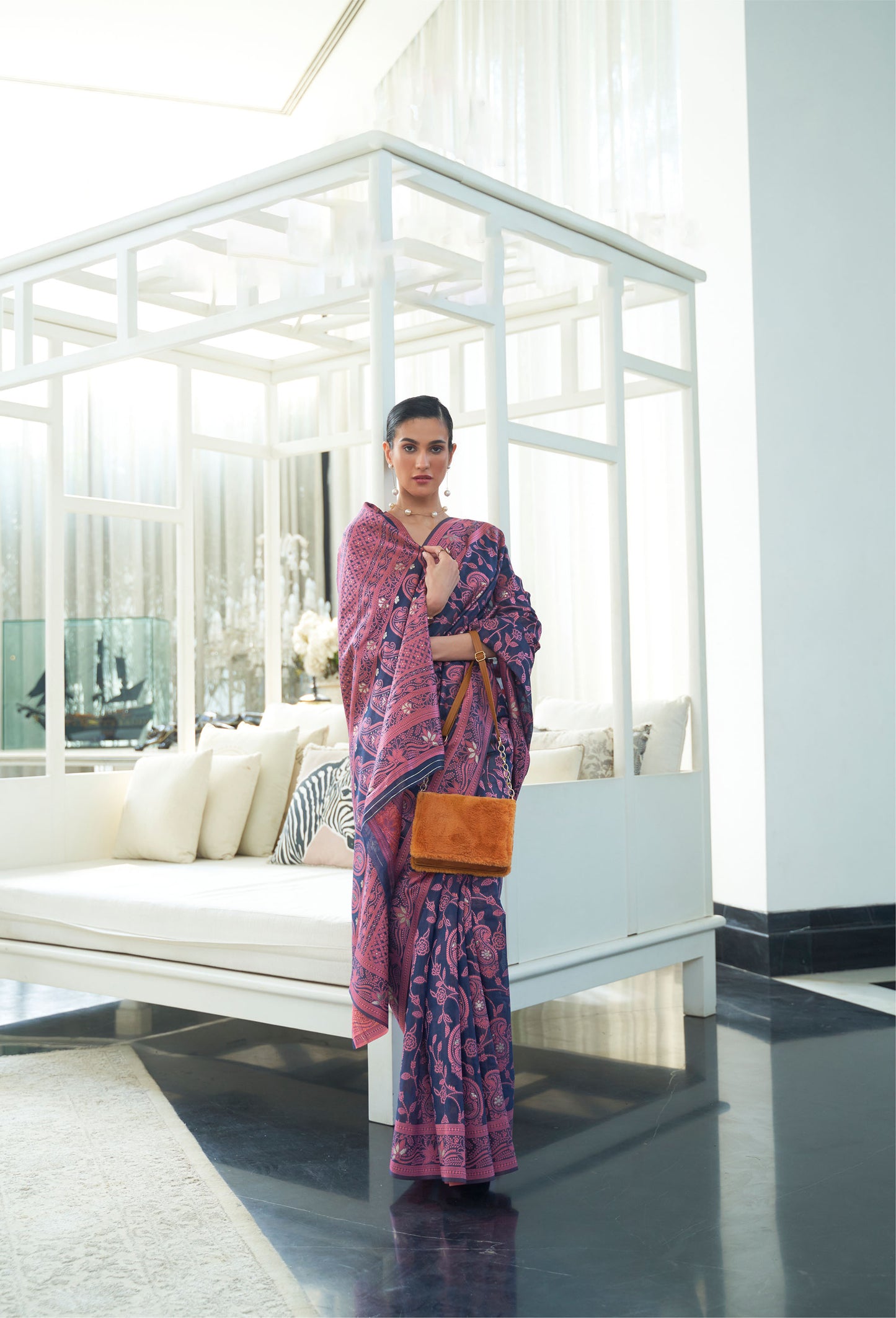 Navy Blue Kashidha Lucknowi Chikankari woven saree