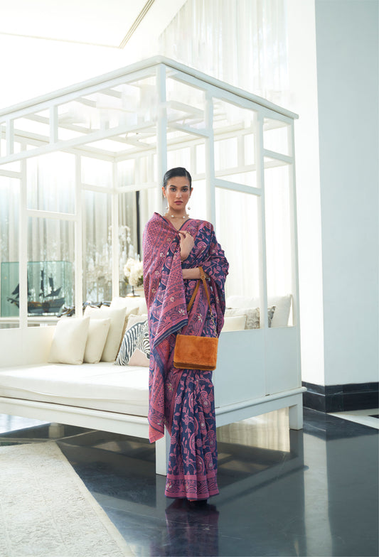 Navy Blue Kashidha Lucknowi Chikankari woven saree