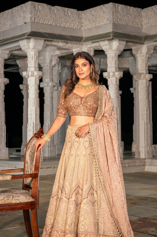 Beige lucknowi lehenga choli with hand work