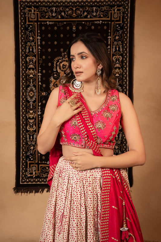 Pink gaji silk lehenga choli with zardosi, moti, and mirror work