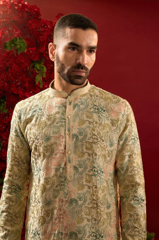 Green silk kurta with machine work