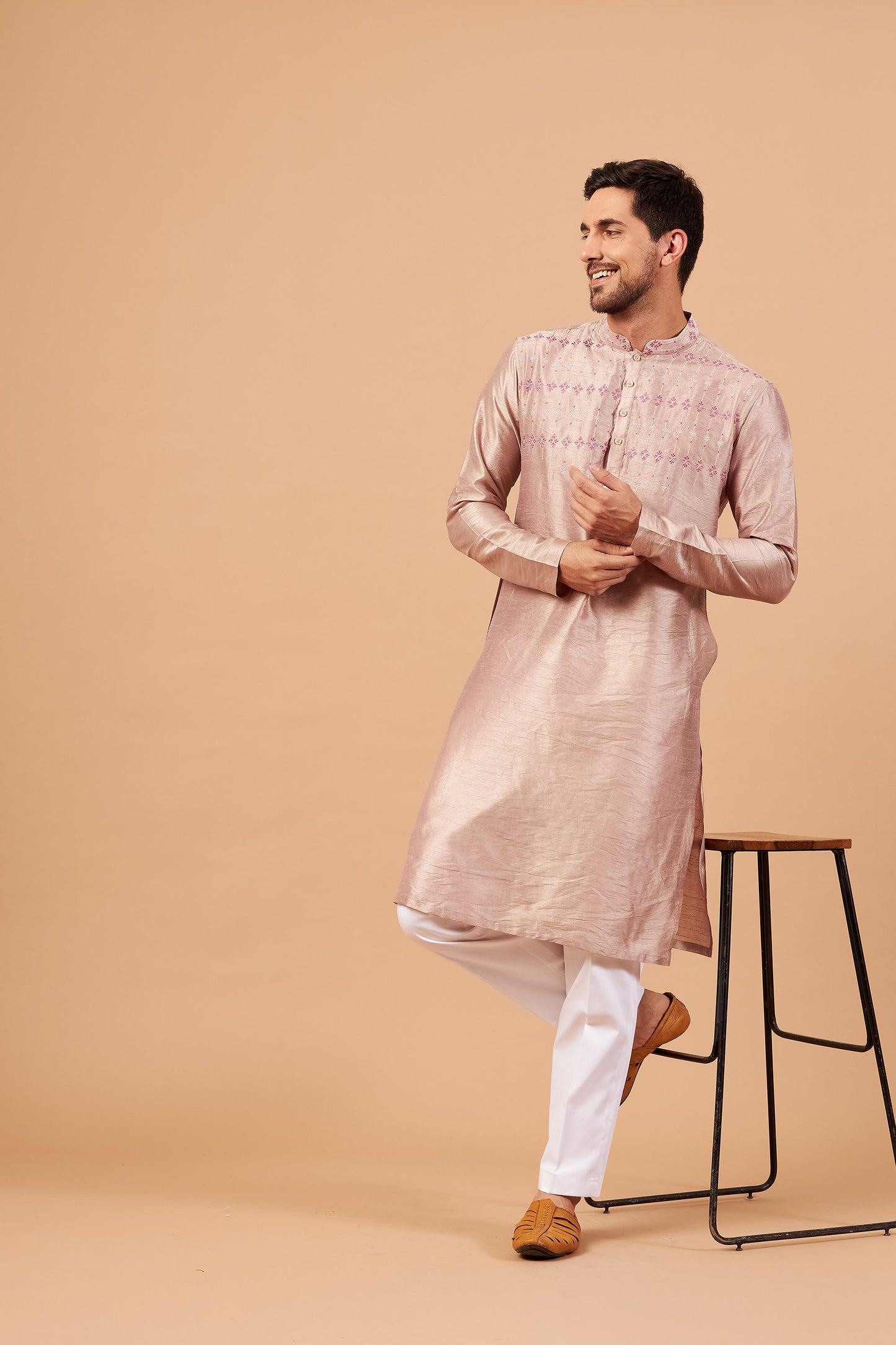 Beige Brown Semi Raw Silk Machine Embroidery Casual ( only Kurta )