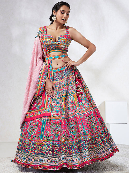 Pink Georgette Position Printing with siroski Stone work Lehenga