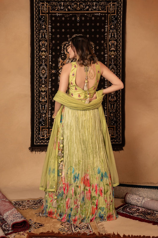 Tea green georgette lehenga choli with resham and mirror work